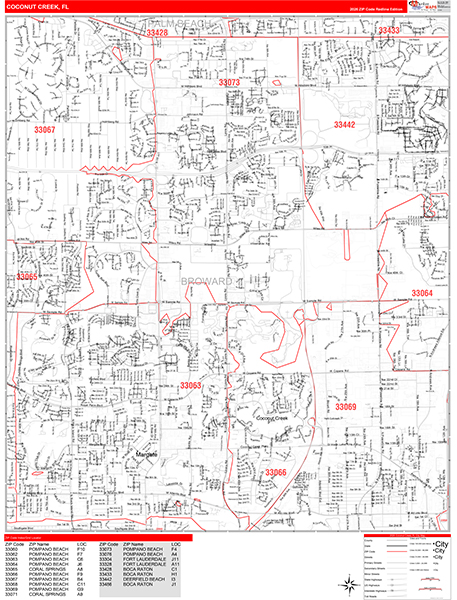 Coconut Creek City Digital Map Red Line Style